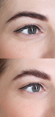 Woman showing eyebrows before and after lamination procedure, closeup. Collage of photos clipart