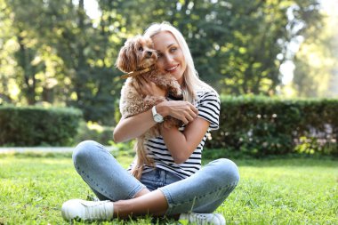 Parkta yeşil çimlerde sevimli köpeği olan güzel genç bir kadın.