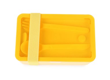 Çatal bıçaklı plastik beslenme çantası beyaz, üst görünümde.