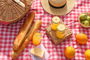 Piknik sepeti, farklı aperatifler, meyve suyu ve hasır şapka kırmızı kareli battaniye, üst görünüm