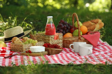 Dışarıdaki kareli battaniyenin üzerinde lezzetli yiyecek, içecek ve sofra takımı olan piknik sepeti.