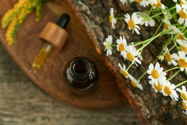 Şişede tentür, pipet, altın çubuklar ve ahşap masa üzerinde papatya çiçekleri.