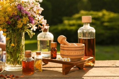 Different tinctures in bottles, ingredients, mortar and pestle on wooden table outdoors clipart