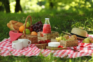 Dışarıdaki kareli battaniyenin üzerinde lezzetli yiyecek, içecek ve sofra takımı olan piknik sepeti.