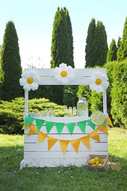 Limonata standı, ferahlatıcı içecek ve parkta taze meyveler.