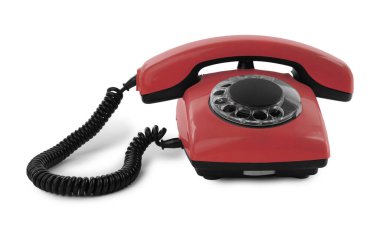 Döner kadranlı eski kırmızı telefon beyaz üzerinde izole