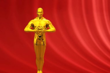 Kırmızı arka planda bir altın Oscar ödülü, metin için boşluk