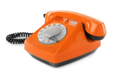 Eski turuncu telefon beyaz üzerinde izole edilmiş.