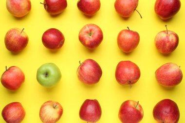 Sarı arkaplanda kırmızı elmalarla çevrili düz kompozisyon.