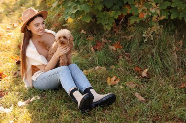 Sonbahar parkında sevimli köpeğiyle gülümseyen bir kadın. Metin için boşluk