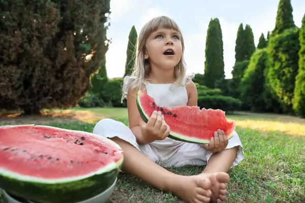 Dışarıda yeşil çimlerde sulu karpuz yiyen tatlı küçük kız.