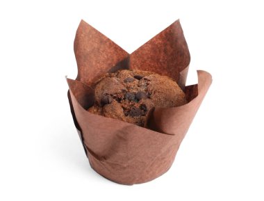 Delicious sweet muffin with chocolate chips isolated on white clipart