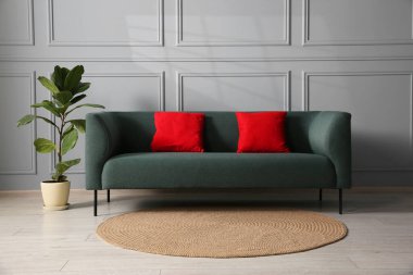 Gri duvarın yanında rahat bir kanepe ve çiçek var.