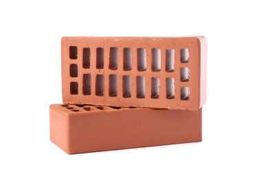 Kırmızı tuğlalar beyaz üzerine izole edilmiş. Yapı malzemesi