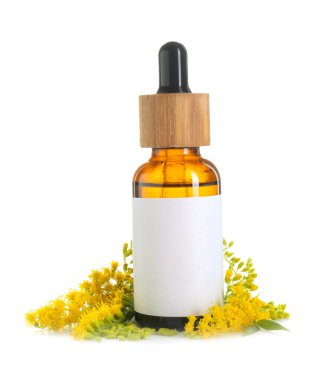 Bottle of tincture and goldenrods flowers isolated on white clipart