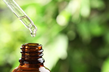 Pipetten şişeye damlayan temel yağ bulanık yeşil arka planda, yakın planda. Metin için boşluk