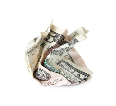 Buruşmuş bir dolar banknot beyaza izole edilmiş.