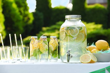 Limonata standı, ferahlatıcı içecek ve parkta taze meyveler.