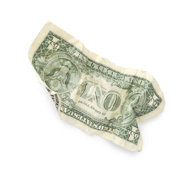 Bir buruşuk dolar banknot beyaz, üst görünümde izole