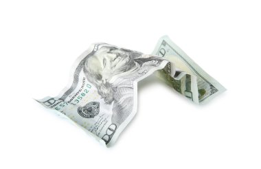 Buruşmuş bir dolar banknot beyaza izole edilmiş.