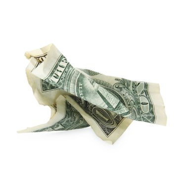 Buruşmuş bir dolar banknot beyaza izole edilmiş.