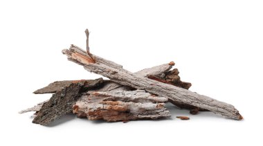 Ağaç kabuğu parçaları beyaz üzerine izole edilmiş