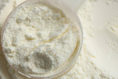 Protein tozu ve kepçesi yığını, yakın plan.