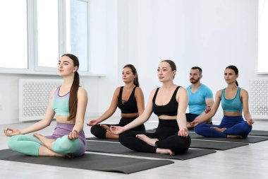 Yoga dersinde minderler üzerinde meditasyon yapan bir grup insan.