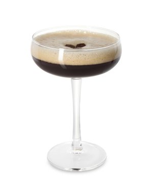 Bir bardak nefis espresso martini, beyaz üzerine izole edilmiş.