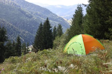 Dağlardaki yeşil çimlerin üzerinde kamp çadırı