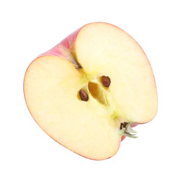 Kırmızı elmanın yarısı beyaz, üst görünümde izole.