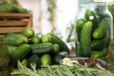 Taze salatalık, biberiye ve baharatlar masada, yakın plan. Turşu hazırlama