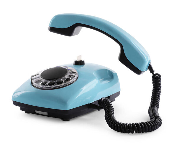 Старый светло-синий телефон с вращающимся циферблатом