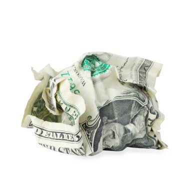 Kırışmış bir dolar banknot beyaza izole edilmiş.