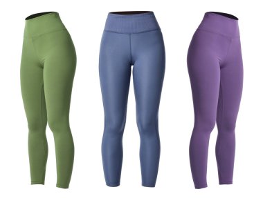 Beyaz arka planda çeşitli yoga taytları, kolaj. Farklı taraflar