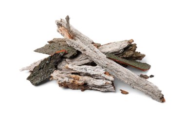 Ağaç kabuğu parçaları beyaz üzerine izole edilmiş