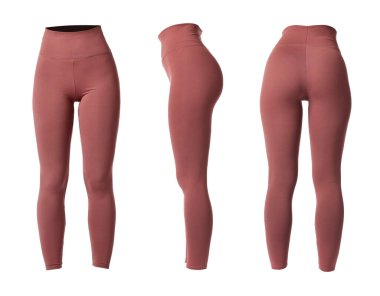 Beyaz arka planda yoga taytları, kolaj. Ön, yan ve arka görüntüler