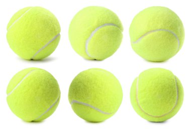 Beyaza izole edilmiş parlak tenis topu, kolaj.