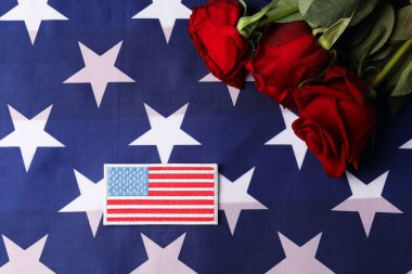Gaziler Günü. ABD bayrağında Amerikan askeri tarlası ve gül çiçekleri.