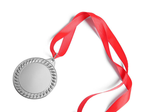 One silver medal isolated on white, top view