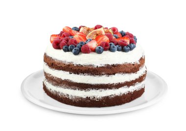 Lezzetli çikolatalı pandispanya, beyaz üzerine izole edilmiş dutlar.