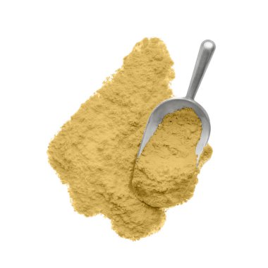 Hemp protein tozu ve beyaz arka planda kepçe, üst görünüm