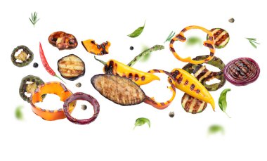 Beyaz arka planda nefis ızgara sebzeler.