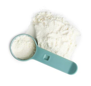 Protein tozu ve kepçe beyaz, üst görünüm