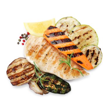 Lezzetli ızgara sebzeler ve tavuk göğsü.