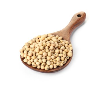 Soya fasulyeli kaşık beyaz üzerine izole