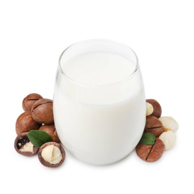 Beyaz üzerine izole edilmiş bir bardak Macadamia sütü ve fındık.