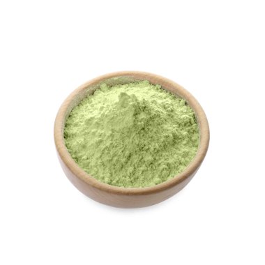 Beyaz arka planda kenevir protein tozu var.