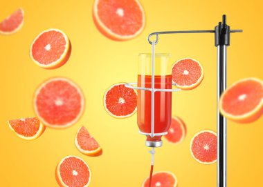 Vitamin damar içi terapisi. Serum takıldı ve turuncu arka planda düşen greyfurtlar