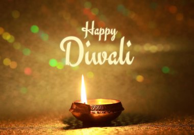 Mutlu Diwali tebrik kartları, Hindu ışık festivali. Altın arkaplanda Diya lambası